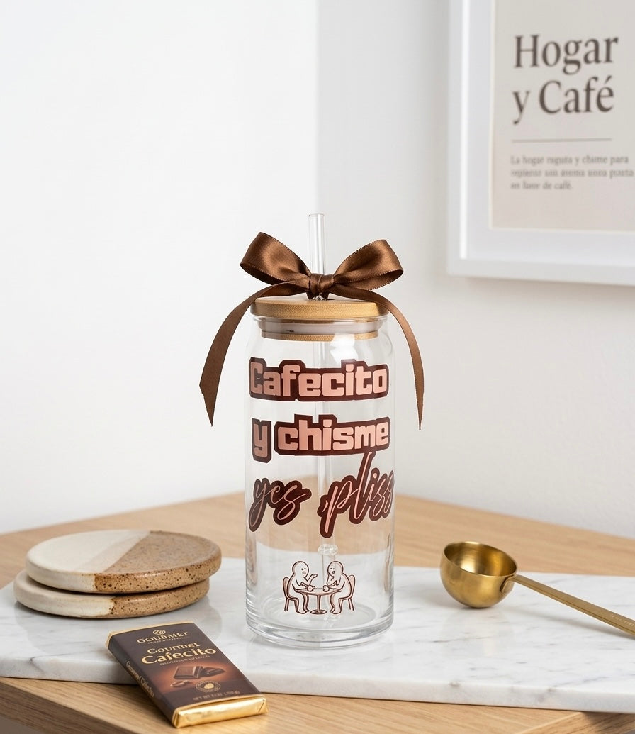 Glass can with lid and straw, iced coffee glass cup.
